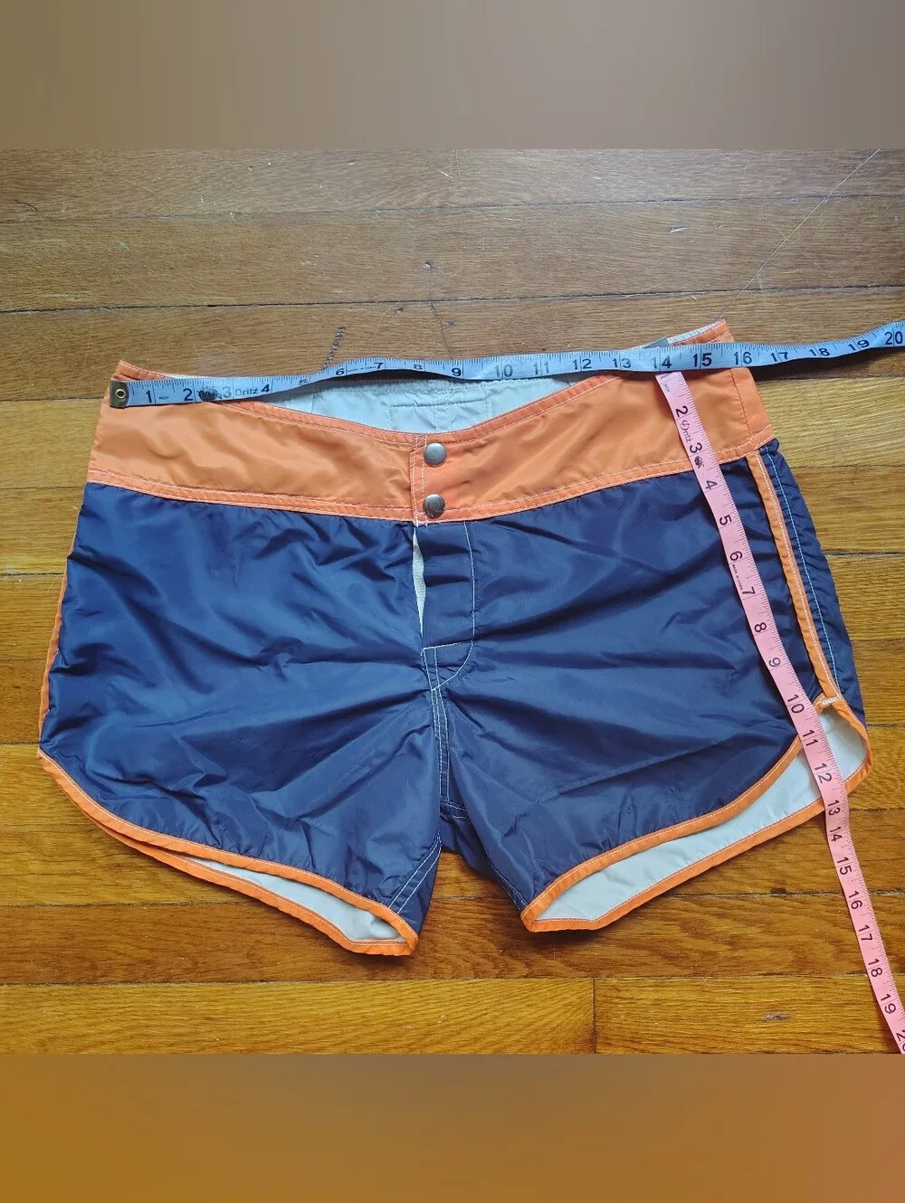 70s 80s Vintage Sz 32 Sun Britches Navy Blue Orange Men Swim Trunks Board Shorts